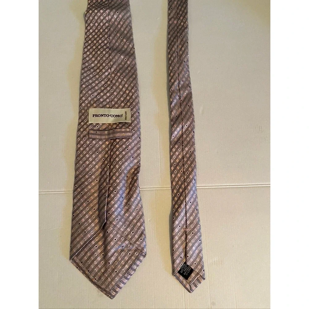 Pronto Uomo Mens Silk Tie Copper Bronze Striped Dotted X-Long Necktie